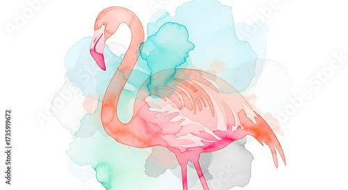 Pink flamingo rendered in watercolor with turquoise and coral abstract splashes