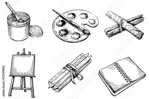 Artist palette with brushes illustration in vintage hand drawn style