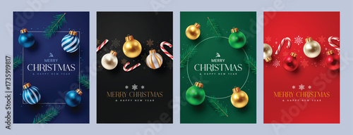 Set of elegant Christmas greeting card designs in blue, black, green, and red themes with baubles and pine leaves.