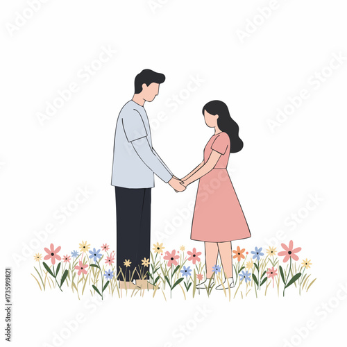 Minimalist Line Art Romantic Couple Holding Hands in a Flower Field Illustration