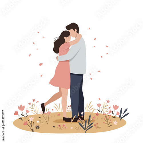 Flat Illustration Young Couple Embracing with Flower Decoration Romantic Moment