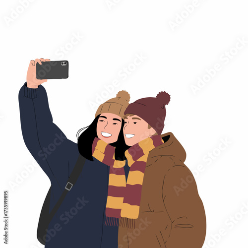 Flat Illustration Happy Couple Taking Selfie Together Outdoors in Winter Time