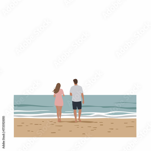 Minimalist Flat Illustration of a Couple on a Sandy Beach Landscape