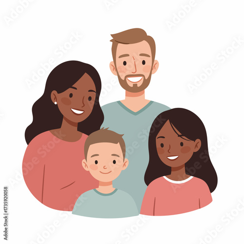 Flat Style Happy Multiethnic Family Portrait Illustration on White Background