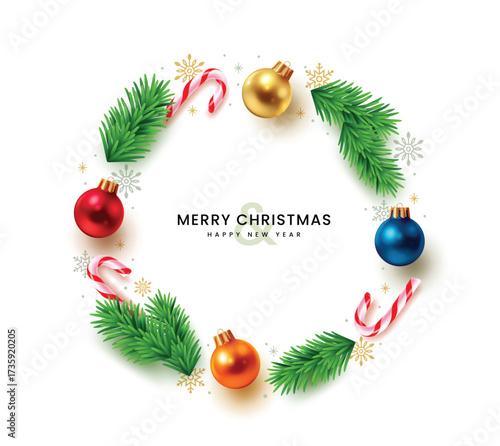 Christmas greeting wreath with baubles, candy canes, pine leaves, and snowflakes on white background.