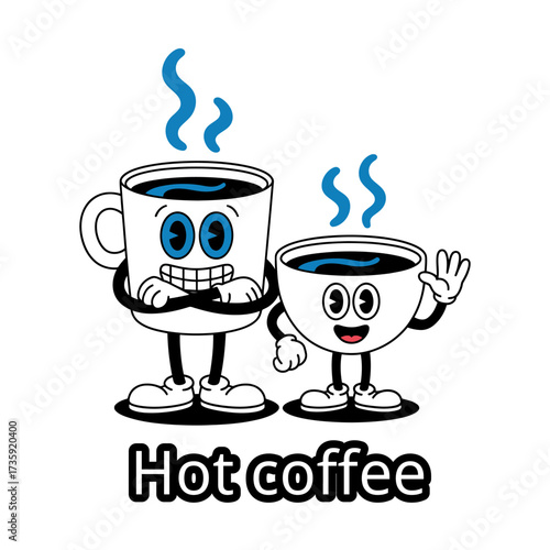 Two cheerful cartoon coffee cups with steaming hot beverage vector illustration isolated on white background