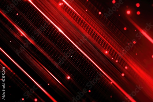 Dynamic red angled lines and dots on a black background, creating a high-tech abstract look