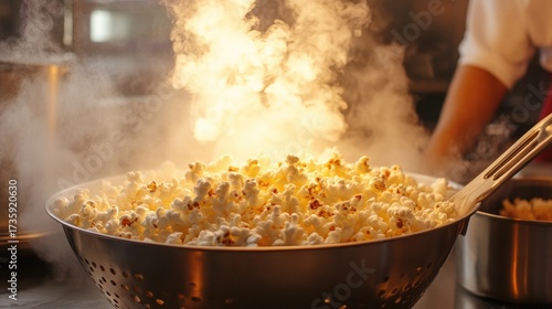 Enjoy freshly popped, steaming popcorn perfect for movie nights, stadium events, or a delicious snack at home, evoking feelings of comfort and nostalgia, ideal for family and friends