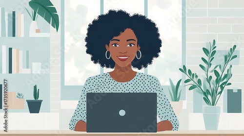Confident African American woman working remotely from home office, smiling and looking productive with her laptop, enjoy flexible work and modern lifestyle, happy freelancer