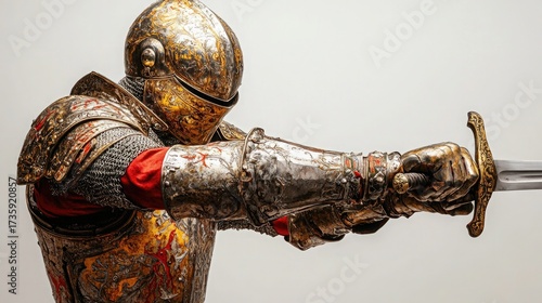 Stunning knight in shining armor holding a gleaming sword ready for battle, showcasing strength and medieval history, ideal for fantasy games and historical documentaries