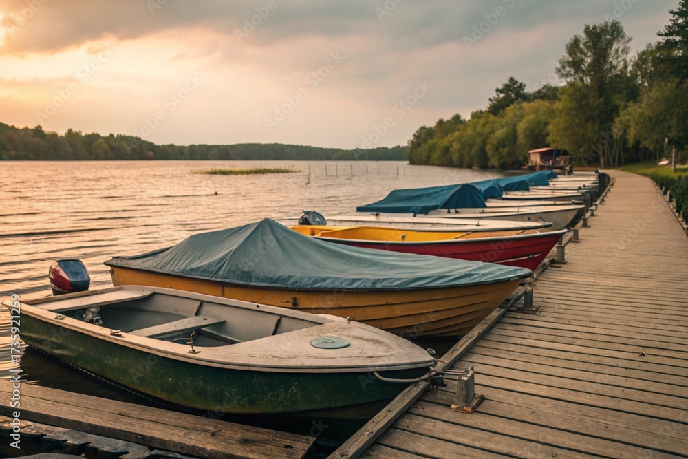 Obraz premium Golden light bathes a picturesque lake, highlighting charming boats tied to a rustic wooden pier, inviting serene escape and peaceful leisure.