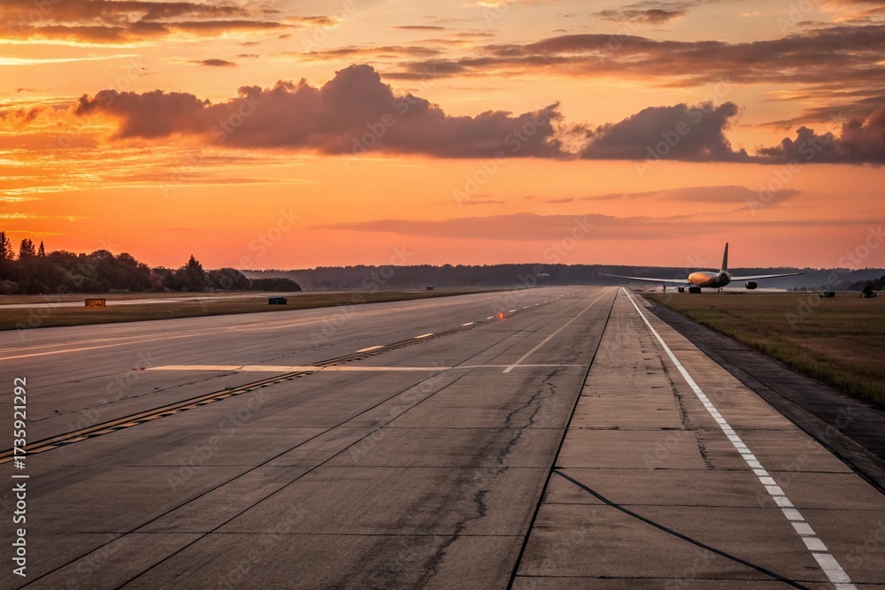 Fototapeta premium Golden hour glow beautifully illuminates a commercial jet on an airport runway, evoking serene travel and inspiring new journeys.