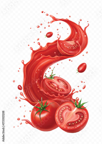 realistic 3d red tomato juice or ketchup sauce splashes in different style isolated on transparent background