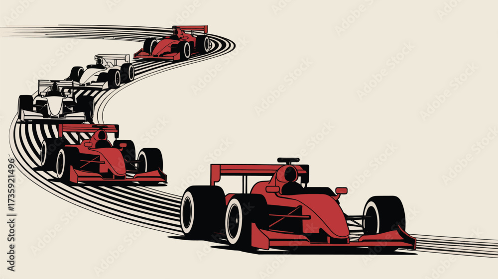Naklejka premium A line of race cars speeding along a track with black and white lines in a stylized illustration