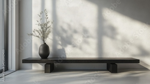 Minimalist elegance shining through a sunlit room, showcasing a modern black vase with delicate flowers on a sleek bench, perfect for interior design inspiration and serene living spaces