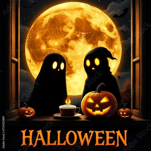 Ghosts in costumes celebrating Halloween with pumpkins and moonlight  