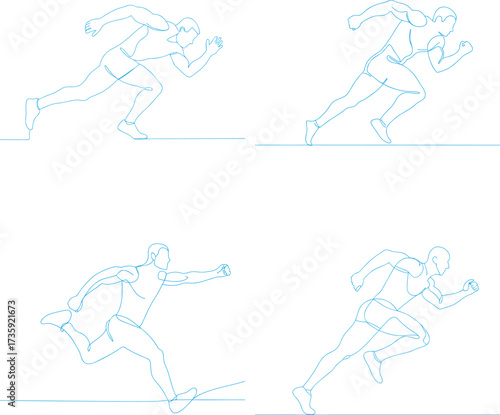 Dynamic sketch of a muscular man running fast in a sprint  and Continuous line drawing
