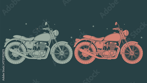 Two motorcycles one in green and one in red against a dark green background with small white stars