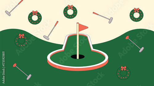 Festive golf course with christmas wreaths and putters scattered on the green and cream background