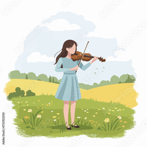 Elegant Cartoon Style Girl Playing Violin Outdoor Illustration