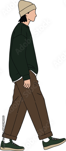 Casual walking, modern lifestyle, business casual, professional character, urban style, digital illustration, workplace diversity, casual fashion, mobile concept, everyday movement