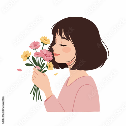 Cute Flat Illustration of Young Woman Smelling Flowers Bouquet Character