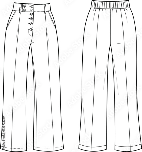 High waist buttoned wide leg pants, fashion flat sketch, technical vector drawing, CAD outline, front back view, women trousers