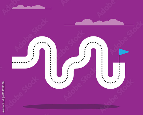 Abstract Road to Success with a Flag at the End and Clouds. Taking a winning path and overcoming difficulties in business vector art