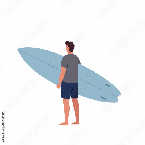 Flat Illustration of Surfer Man Holding Surfboard Standing Rear View