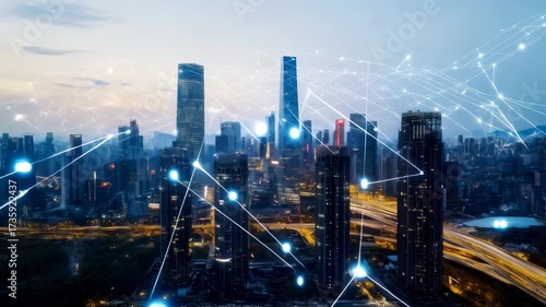 Wallpaper Mural Illuminated skyscrapers and network connections overlaying a modern cityscape at dusk, symbolizing the concept of a smart city and interconnected urban environment Torontodigital.ca