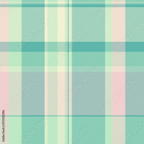 A visually appealing plaid pattern with teal, cream, and pink hues creates a calming and stylish background. Ideal for textiles, fashion,  design projects. Versatile for web, print.