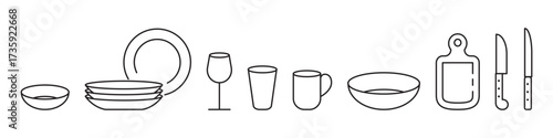 Tableware and kitchenware linear icons set isolated on transparent background. Includes plates, dishes, cups, glasses, cutting board and knives. Simple outline collection for cooking themes