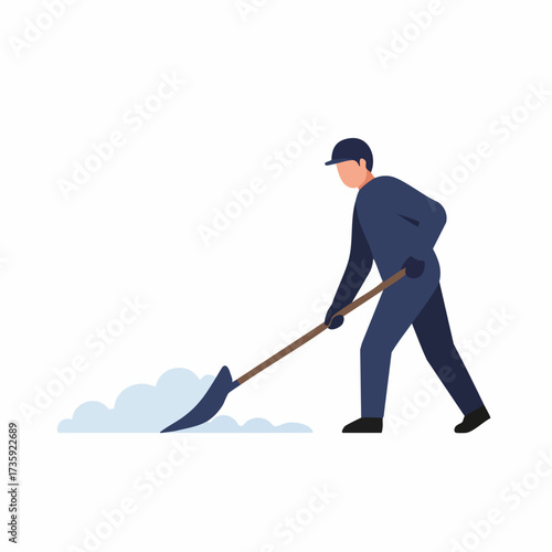Minimalist Flat Illustration of a Man Shoveling Snow During Winter Season