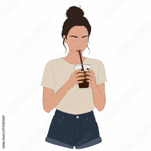 Flat Faceless Style Woman Drinking Iced Coffee Illustration Character