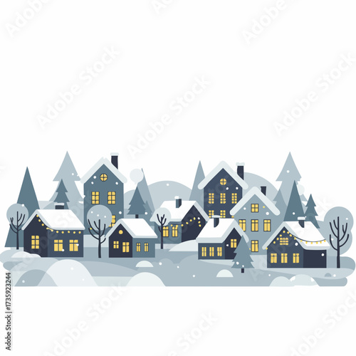 Flat Cartoon Winter Village Landscape with Snowy Roofs and Fir Trees Illustration