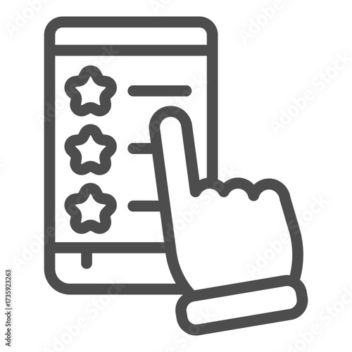 Smartphone with rate stars and hand pointer line icon, cyber monday concept. Vector graphics. Hand with phone screen sign on white background, outline style icon for mobile or web design.