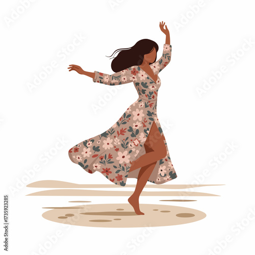 Minimalist Silhouette Happy Woman Dancing in Floral Dress Illustration