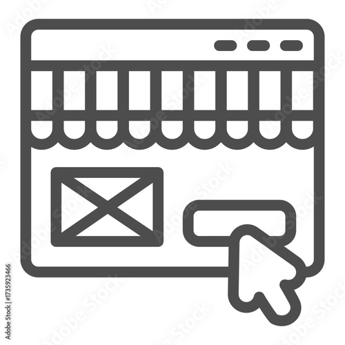 Store page with button, mouse pointer line icon, cyber monday concept. Vector graphics. Website of shop with cursor sign on white background, outline style icon for mobile or web design.
