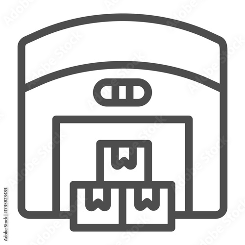 Warehouse with goods boxes line icon, cyber monday concept. Vector graphics. Garage and product packages, building sign on white background, outline style icon for mobile or web design.