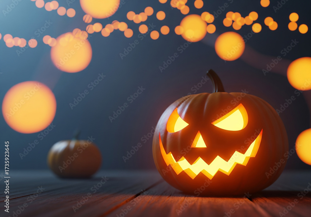 Fototapeta premium Halloween glowing Jackolantern on wooden table with string lights