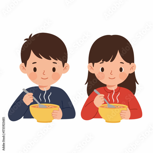 Flat Cartoon Illustration Boy and Girl Enjoying a Warm Bowl of Soup