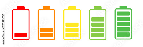 Battery charge level indicator vector set. Full, low, empty status icons