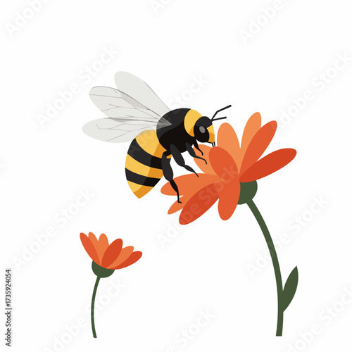 Cute Flat Style Detailed Bee Pollinating Flower Plant Illustration