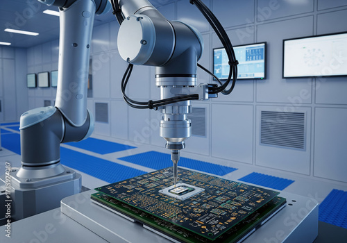 Precision Industrial Robot Arm Assembling a Microchip on a Green Circuit Board