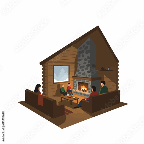 Isometric Detailed Cozy Cabin Interior with Fireplace and People Illustration