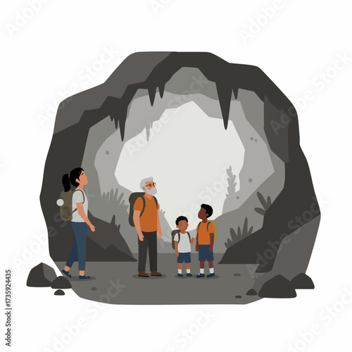 Flat Style Detailed Family Exploring Cave Opening Adventure Illustration
