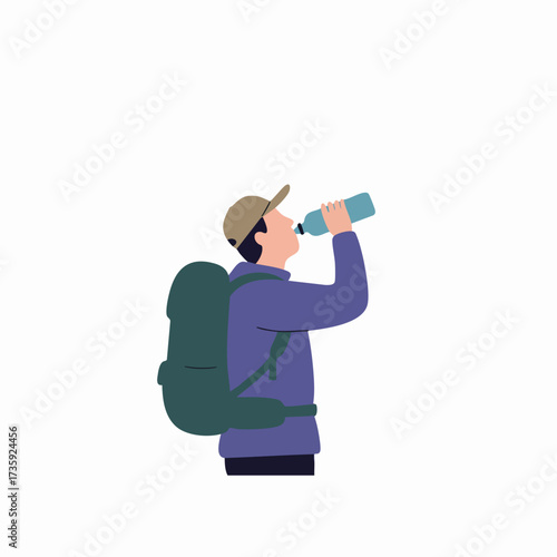 Simple Flat Illustration of a Hiker Drinking Water from Bottle Character