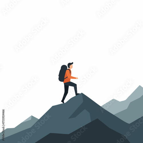 Flat Style Illustration Man with Backpack Climbing on Mountain Landscape