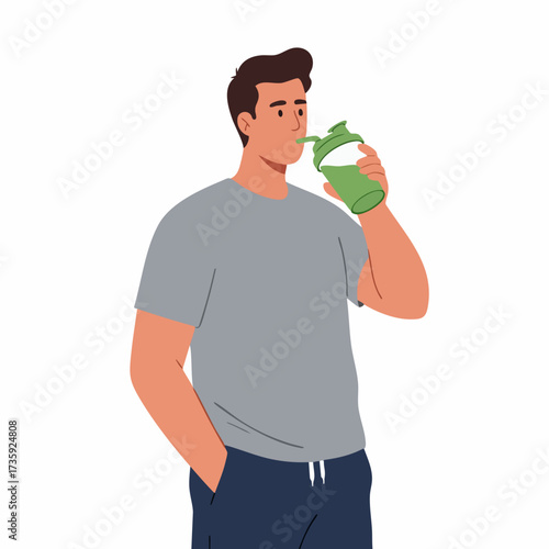 Flat Illustration of Athletic Man Drinking a Shake from a Bottle