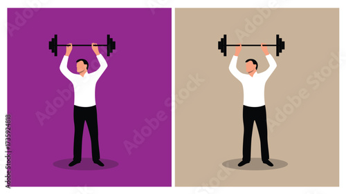 Strong Business Man Lifting Weights Different Colors. People and profession in the office, white collar work and company CEO leadership vector art